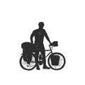 Bikepacking. Traveling long distanse cyclist silhouette standing with bicycle, hand drawn vector