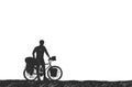 Bikepacking. Traveling man standing with touring bicycle with bags silhouette hand drawn