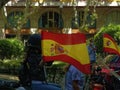 Biker carrying the national flag on an avenue in Zaragoza.