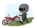 Biker cartoon. Child illustration. The bike escaped. Sports uniform and helmet. Cool motorcycle. Chopper. Funny