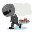 Biker cartoon. Child illustration. Sad. Sports uniform and helmet. Cool motorcycle. Chopper bike. Funny motorcyclist