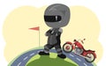 Biker cartoon. Child illustration. Sports uniform and helmet. End of road. Cool motorcycle. Chopper bike. Funny