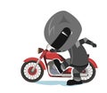 Biker cartoon. Child illustration. Stamps his feet. Sports uniform and helmet. Cool motorcycle. Chopper bike. Funny