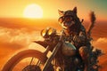 biker cat riding chopper through the desert, with the sun setting in the background