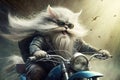 biker cat riding chopper, with wind blowing through fur