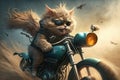 biker cat riding chopper, with wind blowing in its fur