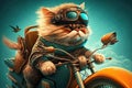 biker cat riding chopper, with wind in its fur