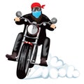 A man  racing on a motorcycle. face mask. Royalty Free Stock Photo