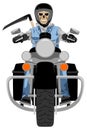Biker on chopper motorcycle with skull face and metal scythe blade front view isolated on white vector illustration
