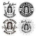 Biker club set of four vector emblems, logos, badges, labels, stickers with devil girl head and spark plugs