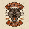 Biker club vector colored emblem with wolf head Royalty Free Stock Photo