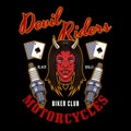 Biker club vector emblem, logo, badge, label, sticker or print with devil girl head and spark plugs. Illustration in