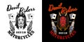 Biker club vector emblem, logo, badge, label, sticker or print with devil girl head and spark plugs. Illustration in two