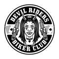 Biker club vector round emblem, logo, badge, label, sticker or print with devil girl head and spark plugs. Illustration