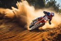 biker cornering fast on a dirt track with dust flying