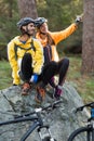 Biker couple taking selfie from mobile phone Royalty Free Stock Photo