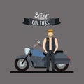 Biker culture poster with blond man and classic motorcycle with blue fuel tank and gray background