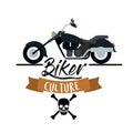 Biker culture poster with classic vintage motorcycle with skull and bones symbol in white background