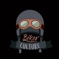 Biker culture poster with helmet and glasses of motorcyclist in black background