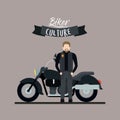 Biker culture poster with man and classic motorcycle with black fuel tank and thistle color background Royalty Free Stock Photo