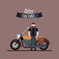 Biker culture poster with man and classic motorcycle with leather bag and yellow fuel tank in rosy brown background Royalty Free Stock Photo