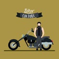 Biker culture poster with man and classic motorcycle with long telescopic fork and black fuel tank and olive color Royalty Free Stock Photo