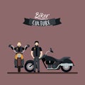 Biker culture poster with pair men in classic motorcycles and rosy brown color background Royalty Free Stock Photo