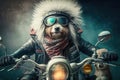 biker dog sitting next to motorcycle, with the wind in its fur