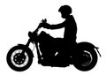 Biker driving a motorcycle rides along the asphalt road vector silhouette.