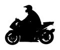 Biker driving a motorcycle rides on asphalt road vector silhouette illustration. Freedom activity. Road travel by bike.