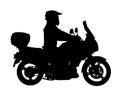 Biker driving a motorcycle rides on asphalt road vector silhouette illustration. Freedom activity. Road travel by bike.