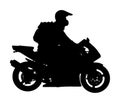 Biker driving a motorcycle rides on asphalt road vector silhouette illustration. Freedom activity. Road travel by bike. Motorcycle