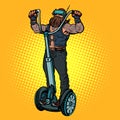 Biker on electric scooter, virtual reality, VR glasses