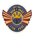 Biker emblem with motorcycle and wings design. Ride Free Live Free motorcycle club logo. Classic biker badge vector