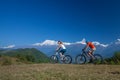 Biker family in Himalaya mountains, Anapurna region Royalty Free Stock Photo