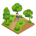Biker in forest cycling on track from behind. Weekend excursion on their bikes on a summer day. Flat 3d vector Royalty Free Stock Photo