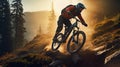 Biker in full racing gear competing in an outdoor mountain bike race, AI-generated.