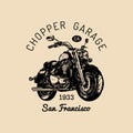 Biker garage logo. Vector hand drawn motorcycle.Vintage detailed bike illustration for custom company,chopper store etc. Royalty Free Stock Photo
