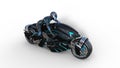 Biker girl with helmet riding a sci-fi bike, black futuristic motorcycle isolated on white background, top view, 3D render