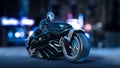 Biker girl with helmet riding a sci-fi bike, woman on black futuristic motorcycle in night city street, 3D render Royalty Free Stock Photo