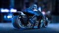 Biker girl with helmet riding a sci-fi bike, woman on black futuristic motorcycle in night city street, rear view, 3D render Royalty Free Stock Photo