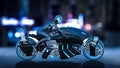 Biker girl with helmet riding a sci-fi bike, woman on black futuristic motorcycle in night city street, side view, 3D render Royalty Free Stock Photo