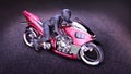 Biker girl with helmet riding a sci-fi bike, woman on red futuristic motorcycle in night city street, top view, 3D render