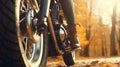 a young woman on a motorbike. Legs in leather boots seen from the bottom. Observe the back wheel. 8k