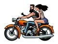 Biker with girl riding a retro motorcycle. Cartoon vector illustration Royalty Free Stock Photo