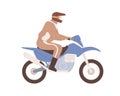 Biker in helmet riding naked moto bike. Man in equipment driving motorcycle. Side view of human on motorbike. Flat Royalty Free Stock Photo