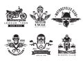 Biker labels. Vintage custom motorcycle and symbols for badges skull bike flags wheel bones engine fire vector road