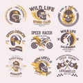 Biker logo rider on motorcycle or bike and speed motorcyclist racer on logotype motor emblem illustration racing set