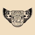 Biker logo with wings illustration. MC sign. Custom garage label. Vector vintage motorcycle store emblem. Royalty Free Stock Photo