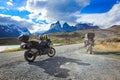 Biker on the Long Beautiful Road to the Mountains in the Torres Del Paine National Park, Chile Royalty Free Stock Photo